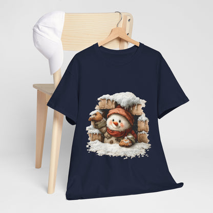Peeking Snowman Window Christmas - Cute Snowy Brick Window Snowman Tee