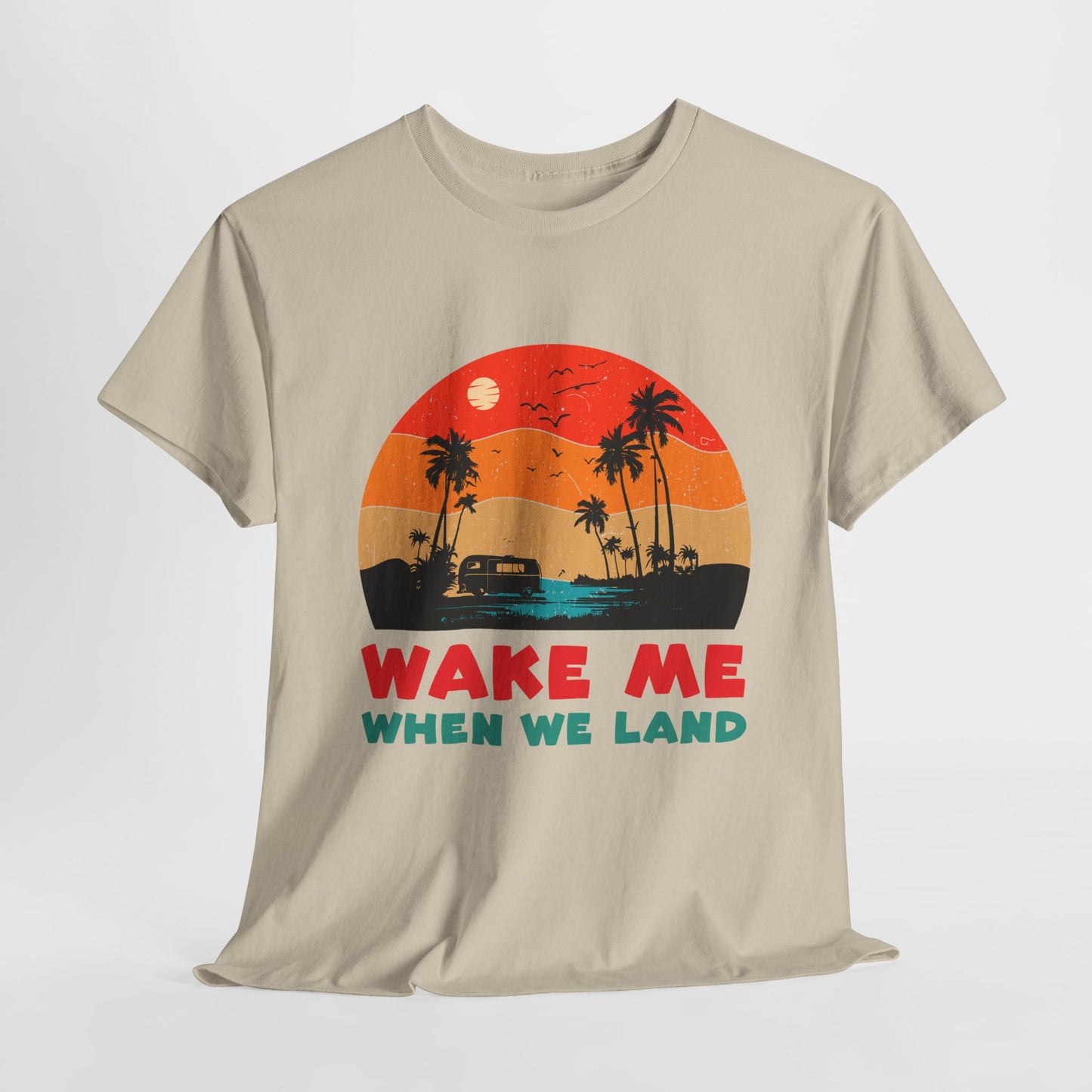 Wake Me When We Land T-Shirt - Funny Jet Lag Travel Retro Sunset Tee