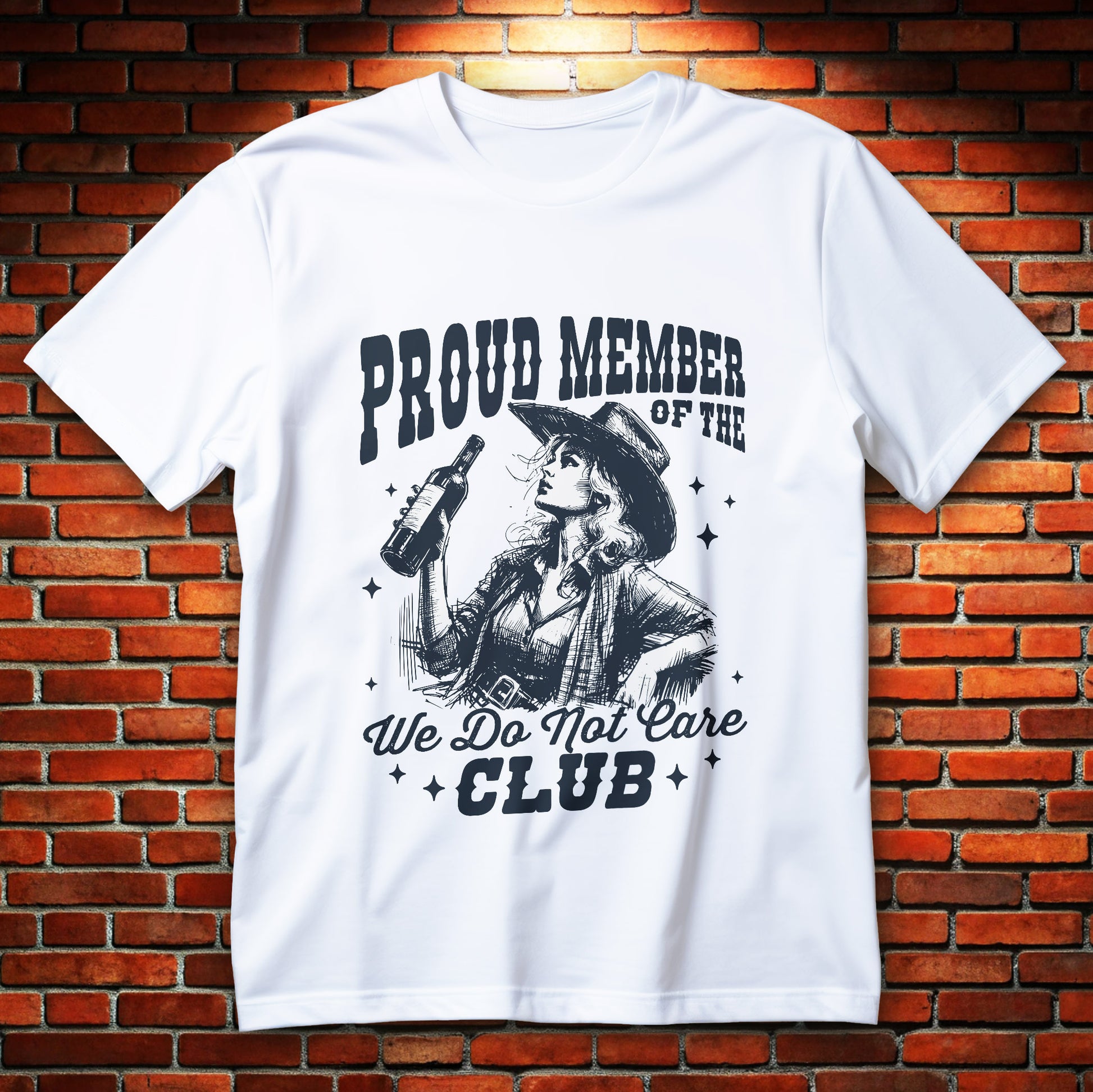 we do not care club t-shirt - hand drawn western cowgirl holding whiskey bottle, vintage rodeo lettering
