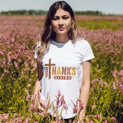 Christian Thanksgiving T-Shirt - Faith-Based “THANKS” Cross Jesus Tee