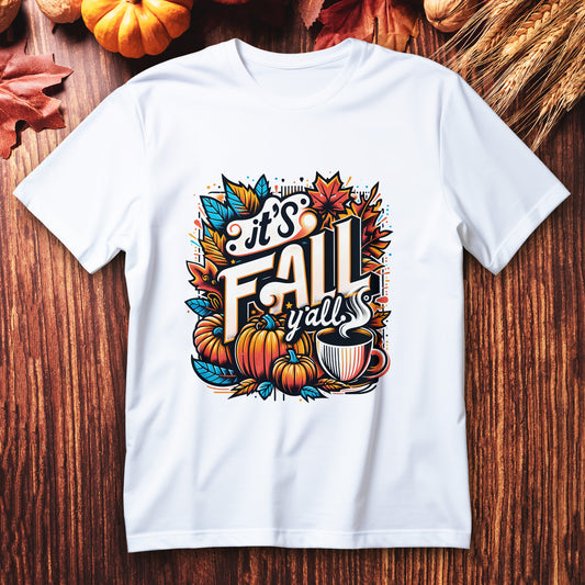 it’s fall y’all t-shirt, pumpkin spice autumn coffee lover tee with pumpkins leaves and latte