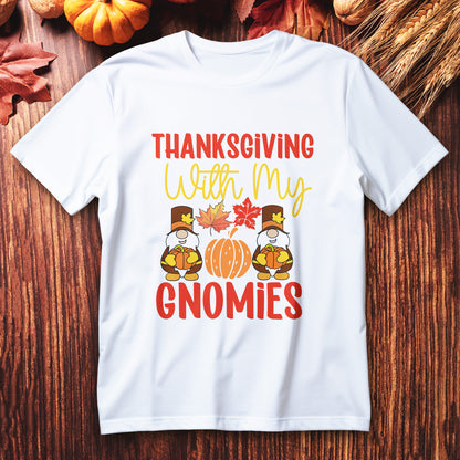 thanksgiving with my gnomies t-shirt, cute fall gnome family tee with pumpkins and leaves