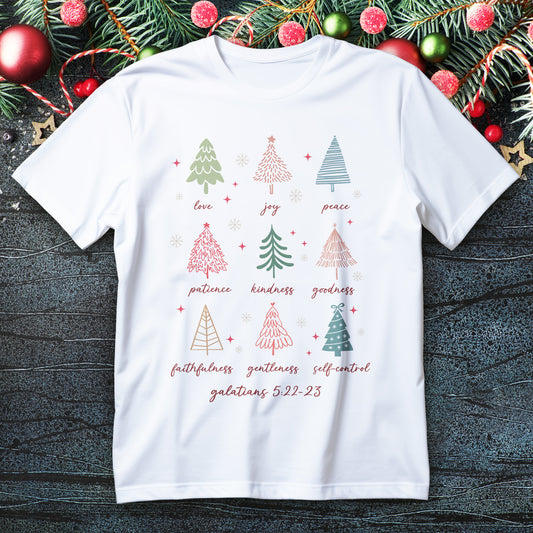 fruits of the spirit christmas t-shirt - nine pastel trees with love joy peace patience kindness goodness faithfulness gentleness self control galatians 5:22-23