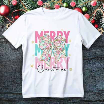 merry merry merry christmas t-shirt - floral bow pastel pink mint lettering holiday tee