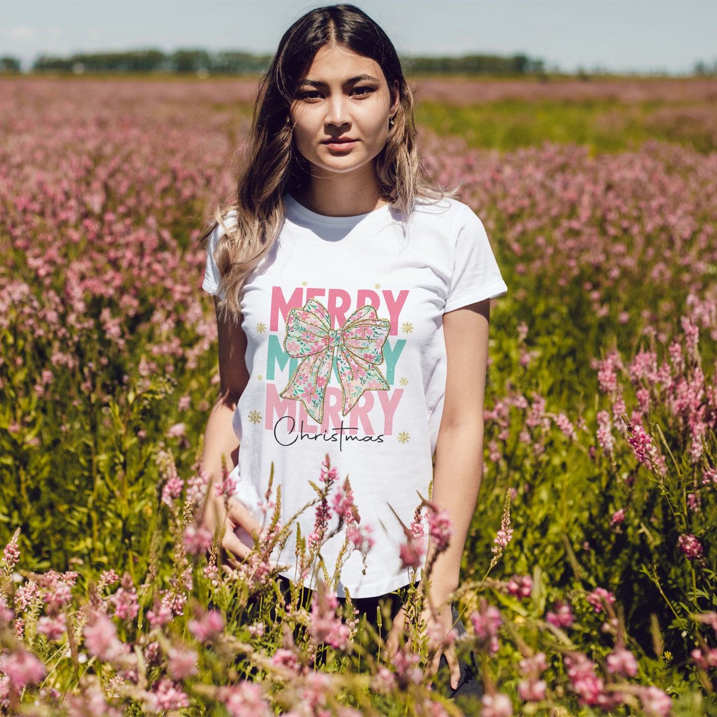 Merry Merry Merry Christmas T-Shirt - Floral Bow Pastel Tee