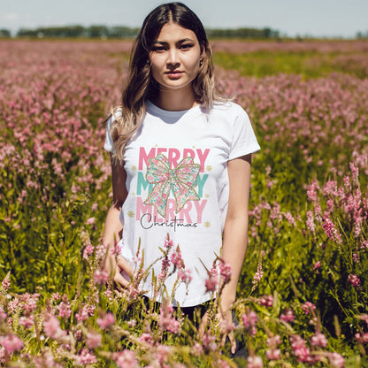 Merry Merry Merry Christmas T-Shirt - Floral Bow Pastel Tee