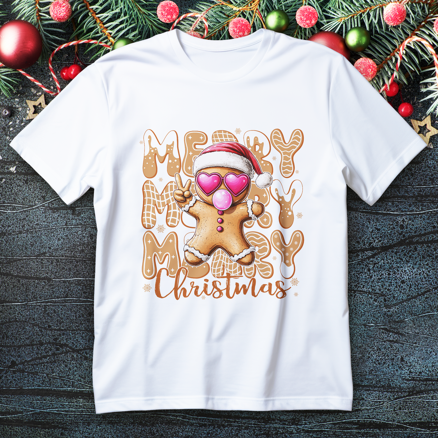 merry christmas gingerbread t-shirt - cookie with santa hat heart sunglasses bubblegum graphic