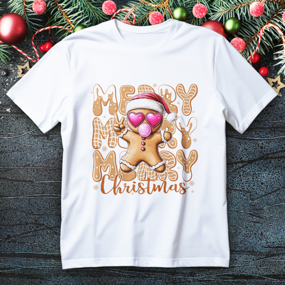 merry christmas gingerbread t-shirt - cookie with santa hat heart sunglasses bubblegum graphic