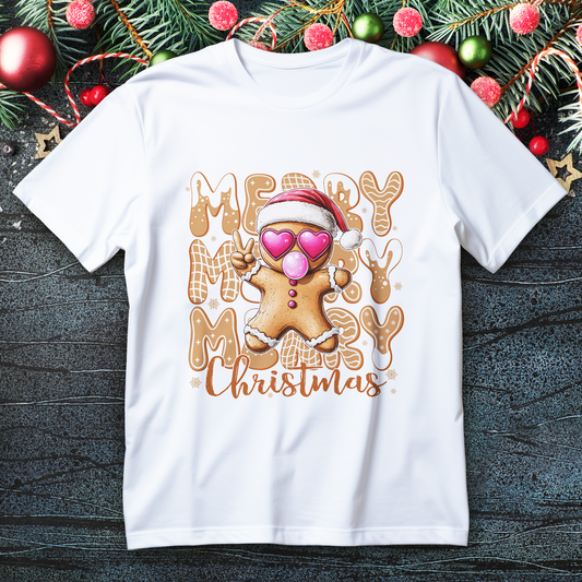 merry christmas gingerbread t-shirt - cookie with santa hat heart sunglasses bubblegum graphic