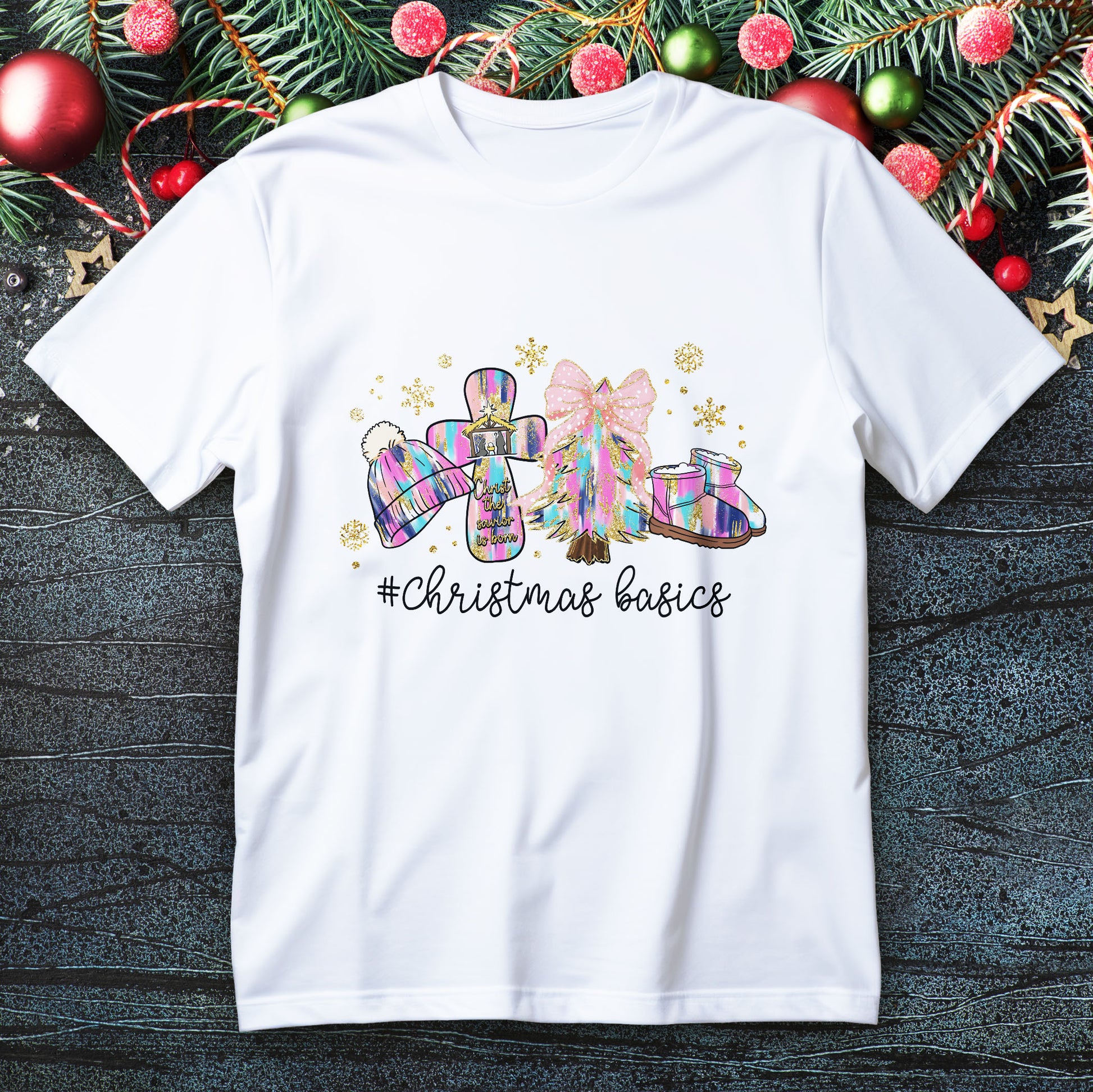 christ the savior is born t-shirt - pastel nativity cross with bow tree beanie boots faith christmas