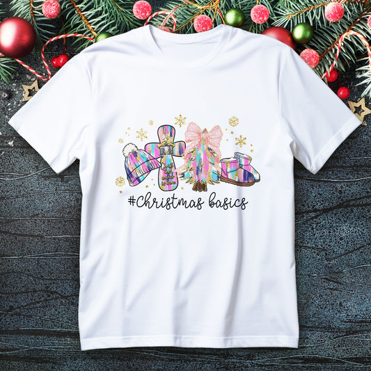 christ the savior is born t-shirt - pastel nativity cross with bow tree beanie boots faith christmas