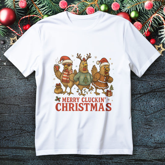 merry cluckin christmas chicken t-shirt - three festive hens santa hat reindeer antlers gingerbread dress