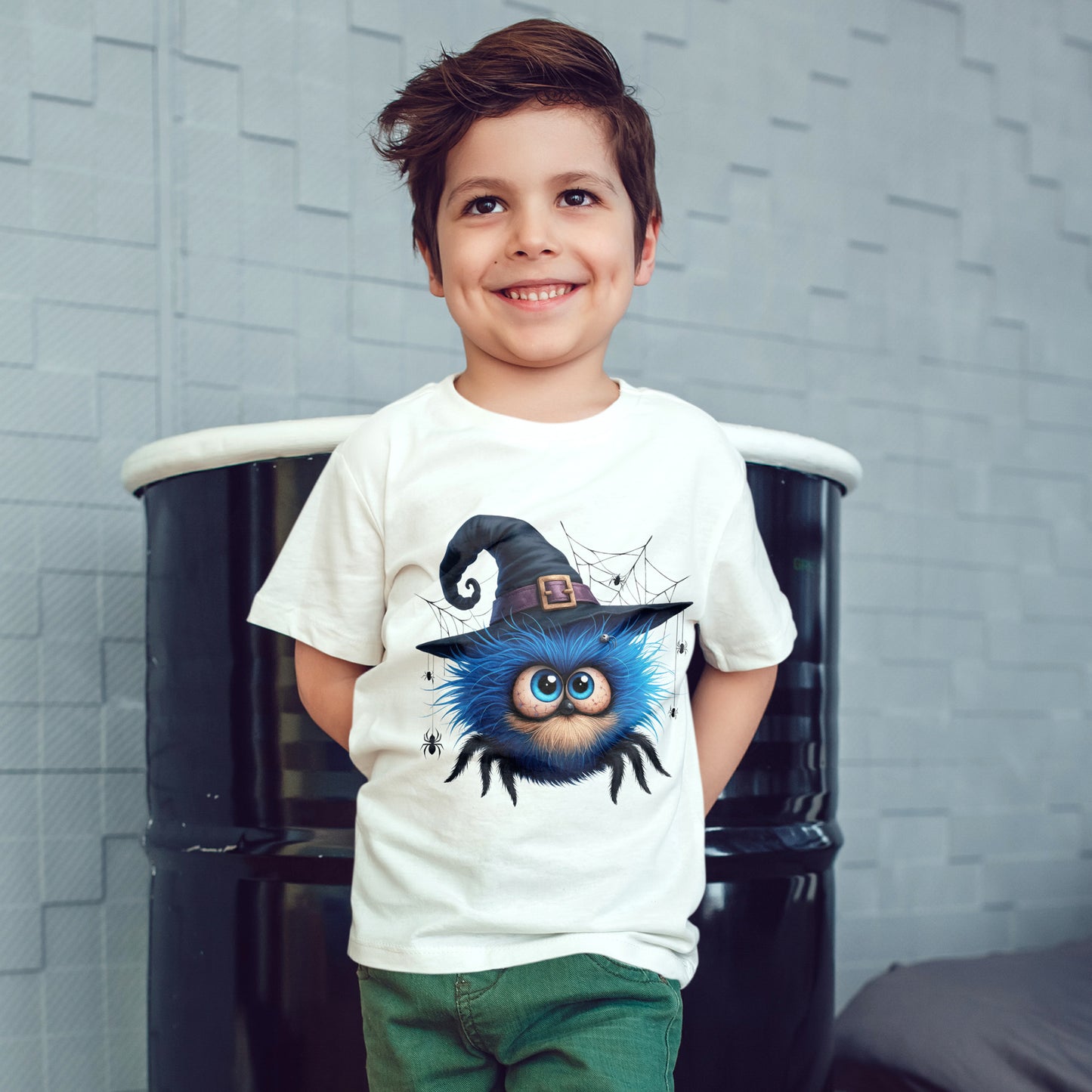 Cute Blue Fuzzy Spider Kids T-Shirt - Witch Hat Halloween Toddler Tee