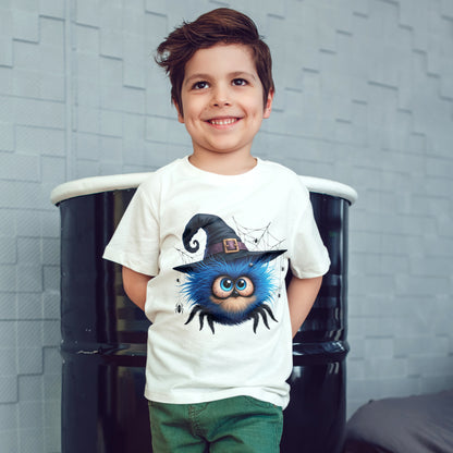 Cute Blue Fuzzy Spider Kids T-Shirt - Witch Hat Halloween Toddler Tee