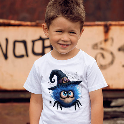 Cute Blue Fuzzy Spider Kids T-Shirt - Witch Hat Halloween Toddler Tee
