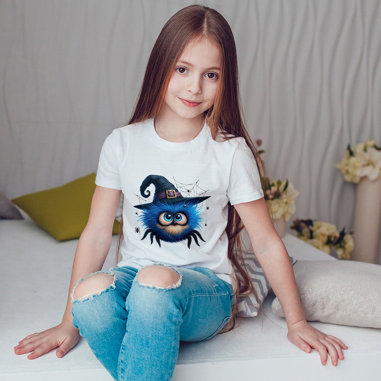 Cute Blue Fuzzy Spider Kids T-Shirt - Witch Hat Halloween Toddler Tee
