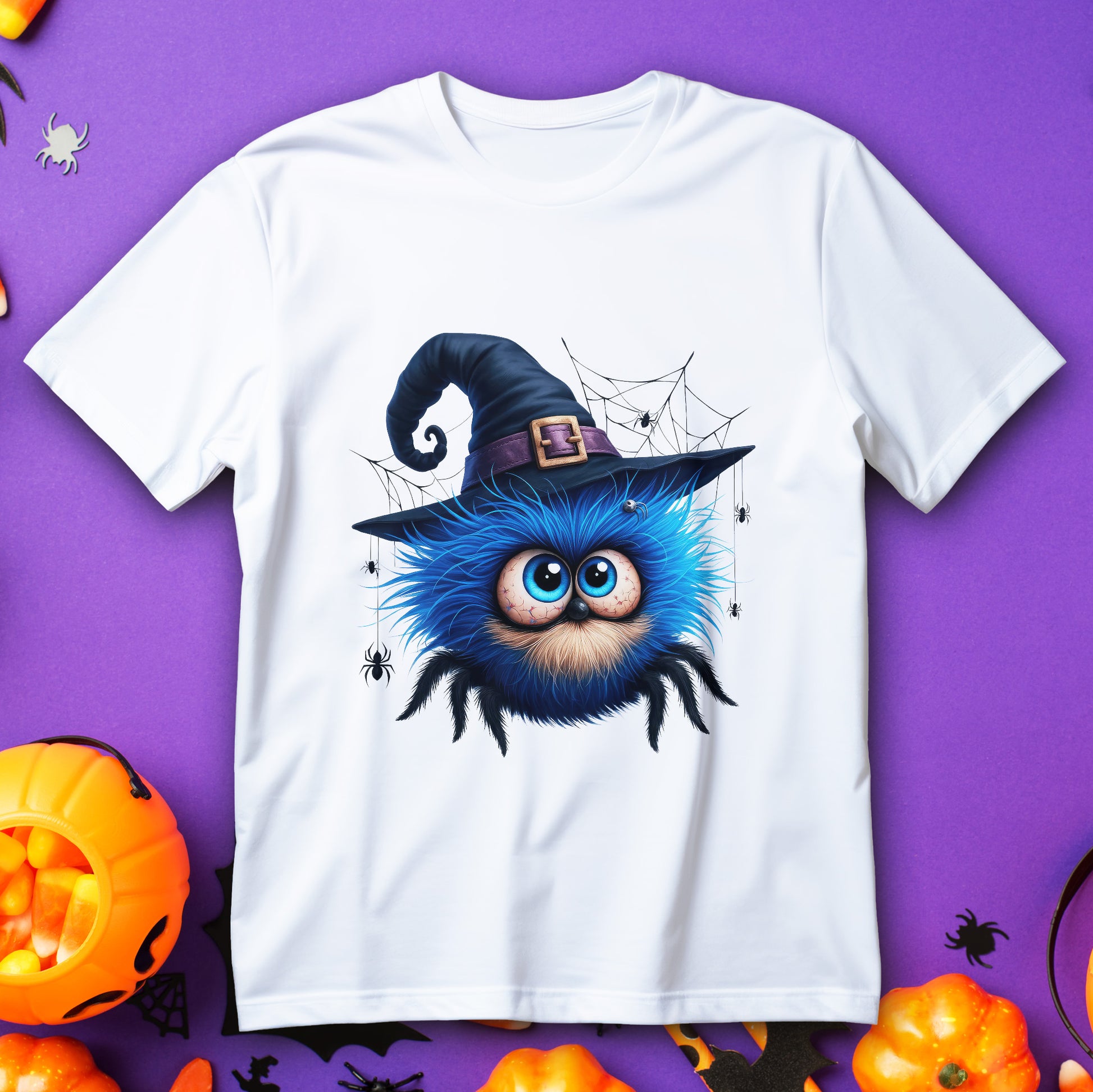 blue fuzzy spider kids t-shirt - toddler halloween spider with witch hat big eyes and webs