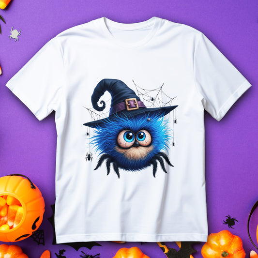 blue fuzzy spider kids t-shirt - toddler halloween spider with witch hat big eyes and webs