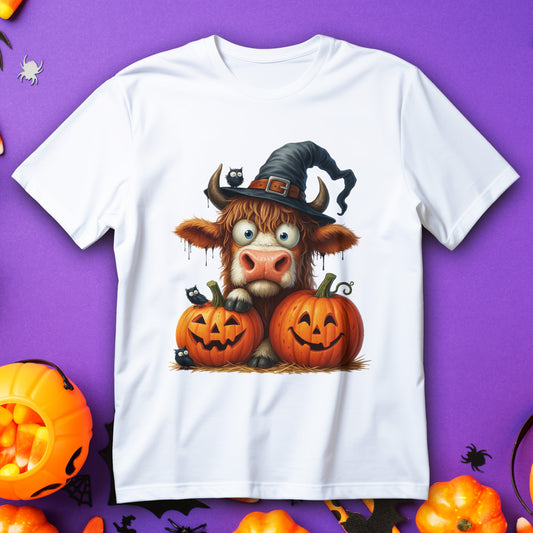 cute highland cow kids t-shirt - toddler halloween cow in witch hat with pumpkins