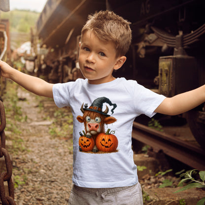 Cute Highland Cow Kids T-Shirt - Witch Hat & Pumpkins Toddler Tee
