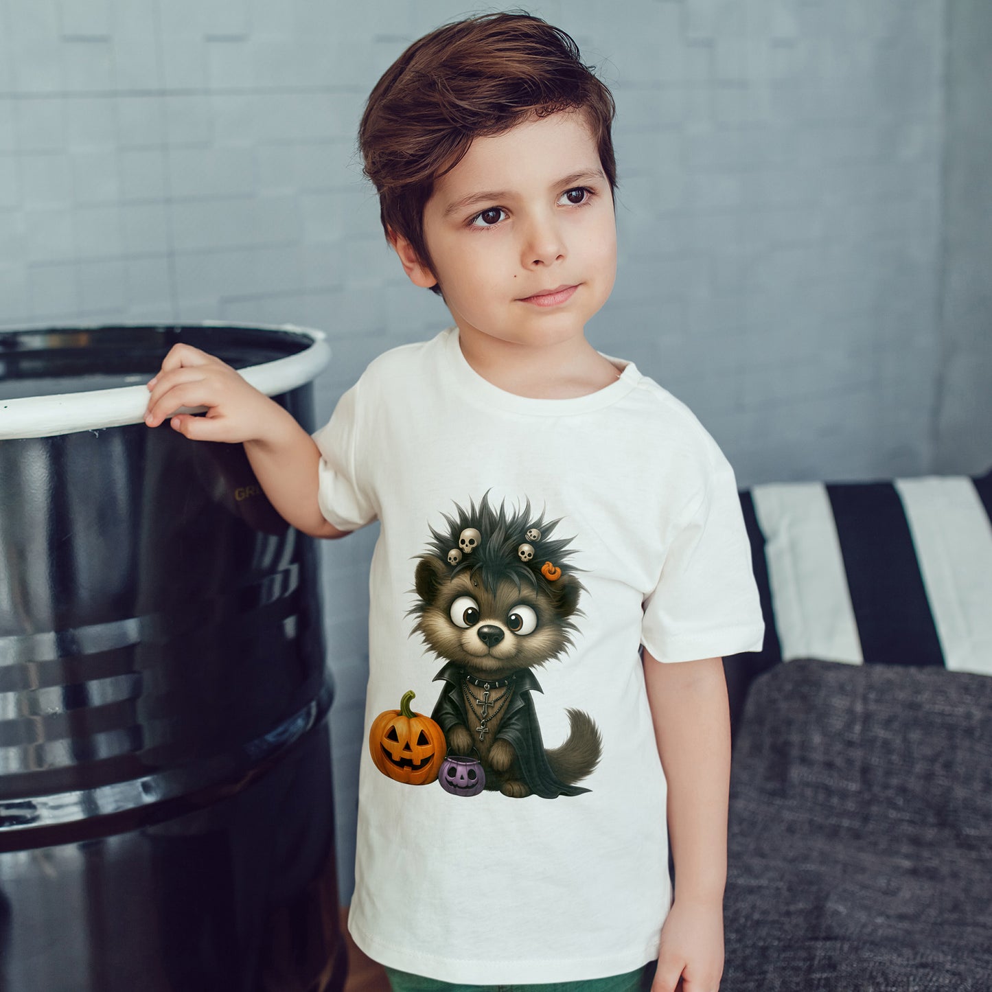 Goth Pup Kids Halloween T-Shirt - Puppy & Jack O' Lantern Toddler Tee