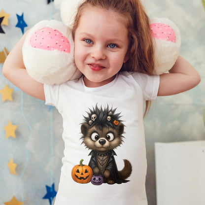 Goth Pup Kids Halloween T-Shirt - Puppy & Jack O' Lantern Toddler Tee