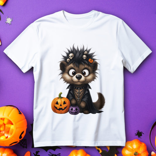 goth pup kids halloween t-shirt - toddler puppy in cape with jack o' lantern and candy bucket