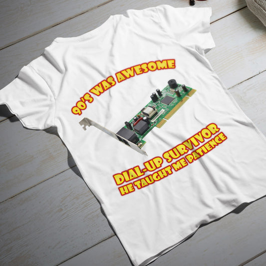 dial up survivor t-shirt - vintage 56k modem graphic with text he taught me patience, 90s internet nostalgia