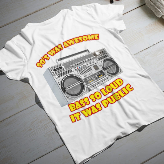 bass so loud it was public t-shirt - classic silver boombox graphic 90s retro music