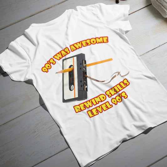 rewind skills level 90s t-shirt - retro cassette tape pierced by pencil, funny mixtape graphic