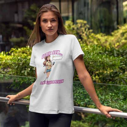 After Sex Don't Leave a Review Shirt - Funny Female Cartoon Tee - Sarcastic Post Hookup Humor T-Shirt for Women