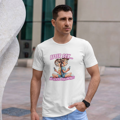 After Sex We Scroll Our Phones Shirt - Funny Modern Love Cartoon Tee - Sarcastic Dating Humor T-Shirt