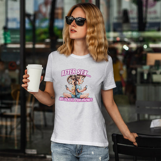 After Sex We Scroll Our Phones Shirt - Funny Modern Love Cartoon Tee - Sarcastic Dating Humor T-Shirt