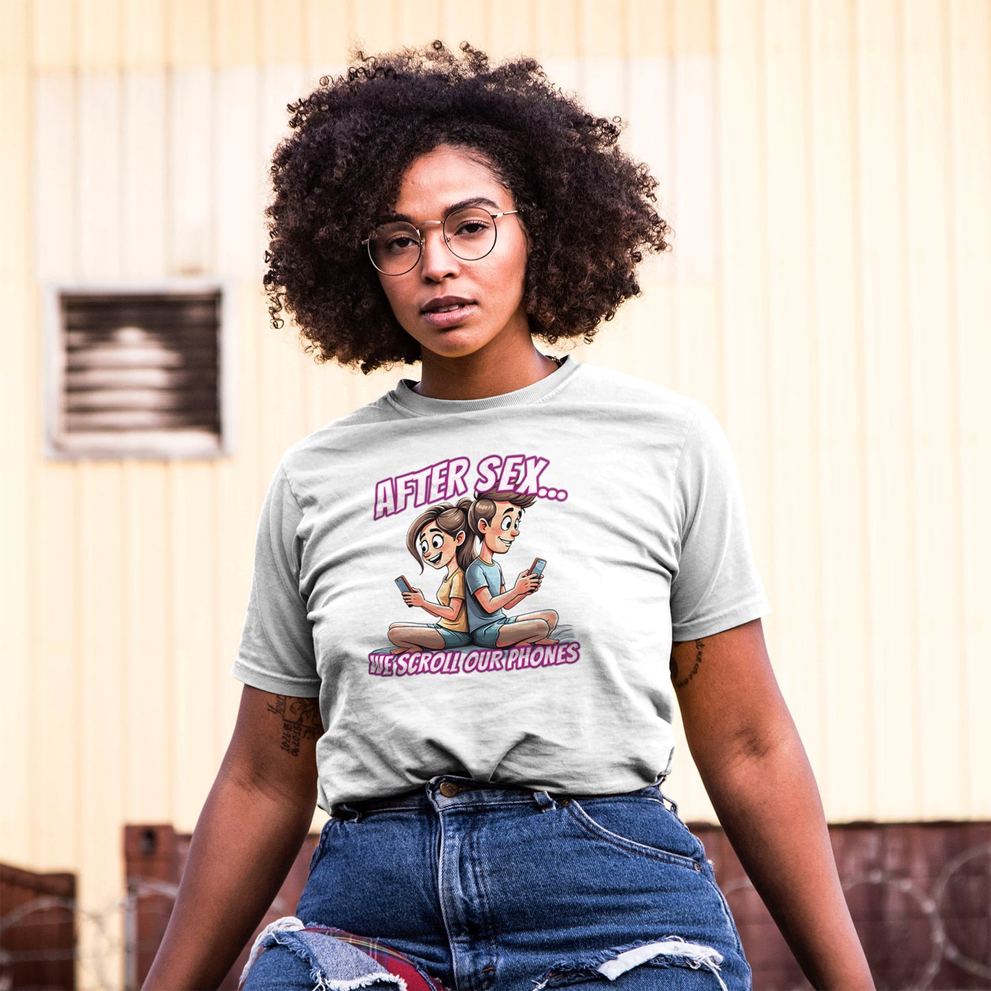 After Sex We Scroll Our Phones Shirt - Funny Modern Love Cartoon Tee - Sarcastic Dating Humor T-Shirt