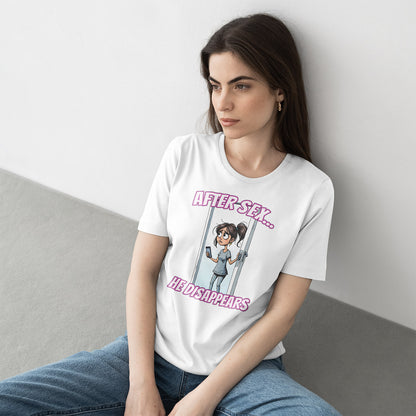 After Sex He Disappears Shirt - Funny Ghosting Cartoon Tee - Modern Dating Humor T-Shirt for Sarcastic Souls