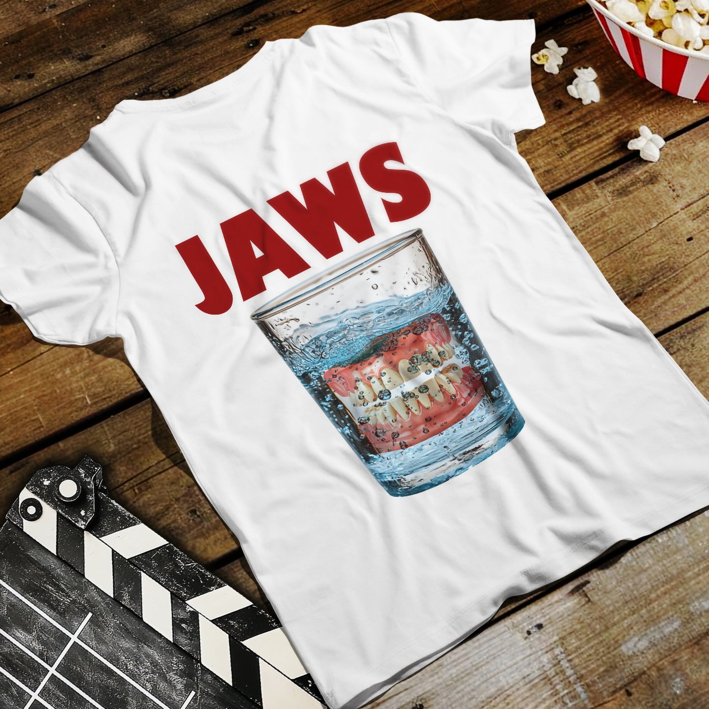 JAWS Parody - Funny Denture in Water Glass T-Shirt for Movie & Humor Fans