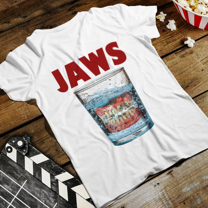 JAWS Parody - Funny Denture in Water Glass T-Shirt for Movie & Humor Fans