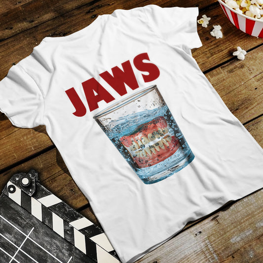 JAWS Parody - Funny Denture in Water Glass T-Shirt for Movie & Humor Fans