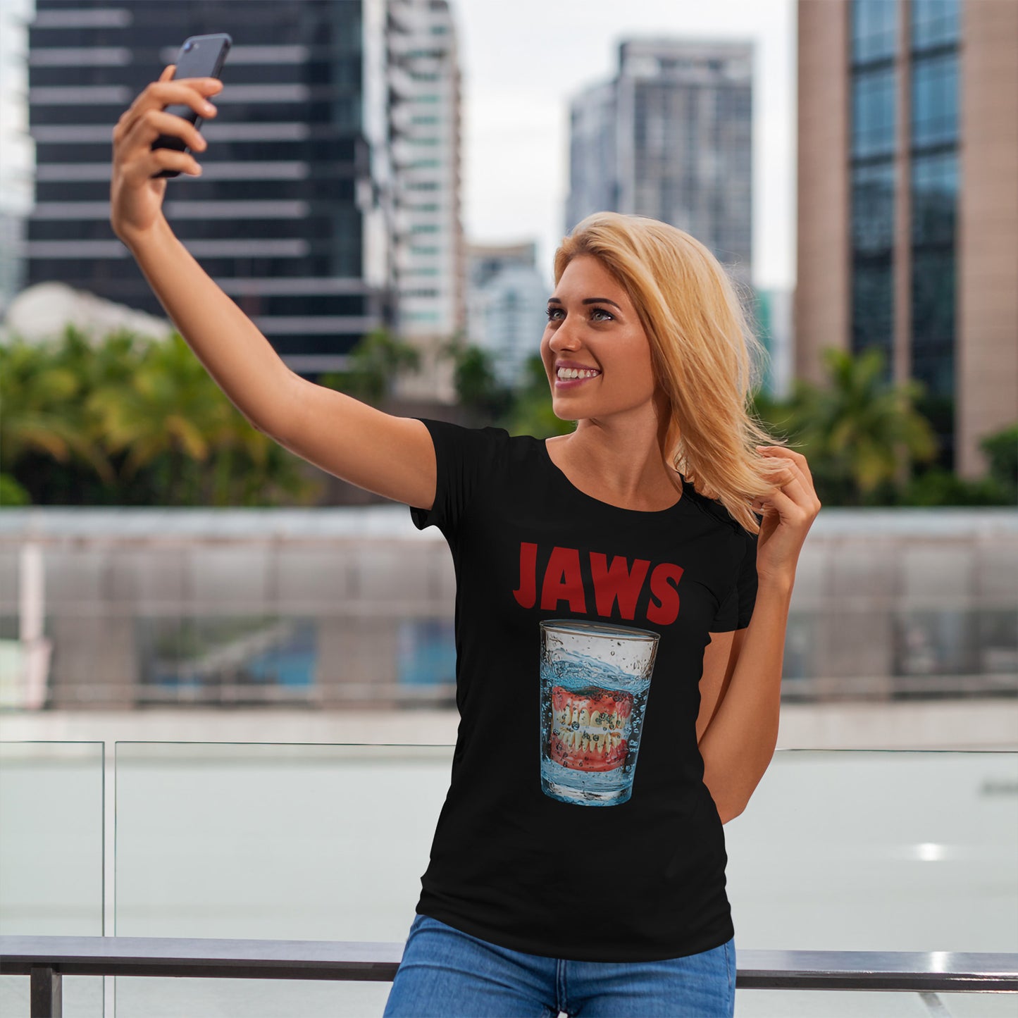 JAWS Parody - Funny Denture in Water Glass T-Shirt for Movie & Humor Fans