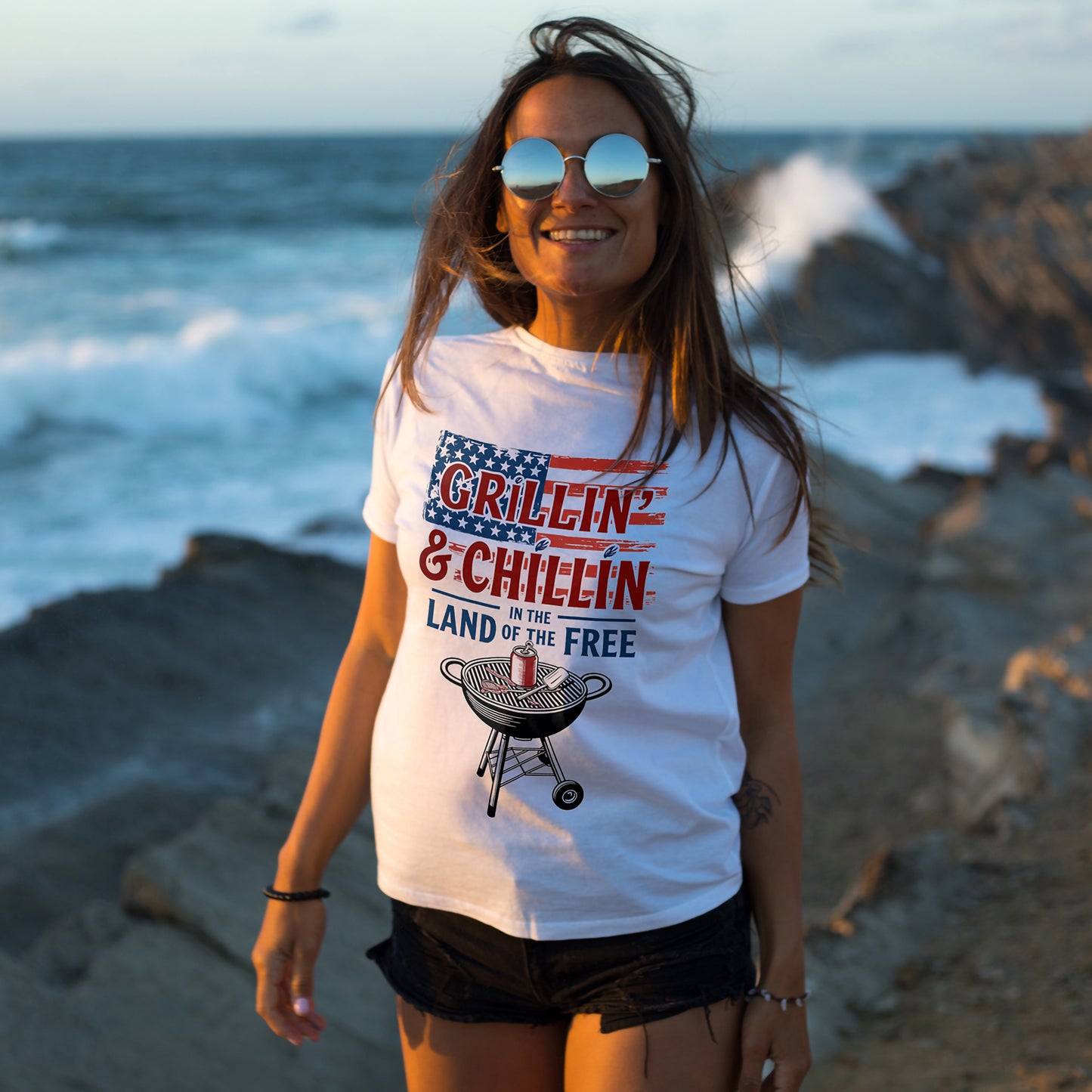 Grillin and Chillin T-Shirt - Funny Patriotic BBQ 4th of July Tee