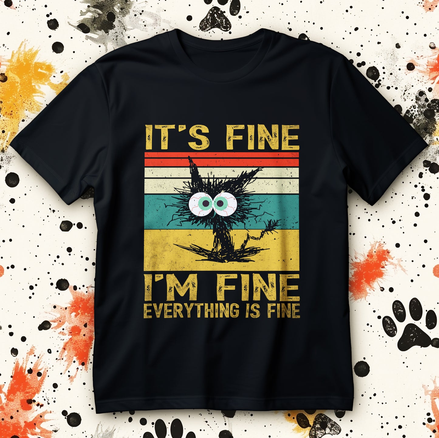 Funny stressed cat retro shirt with “It’s Fine I’m Fine” text