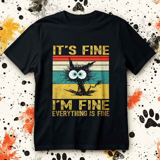 Funny stressed cat retro shirt with “It’s Fine I’m Fine” text