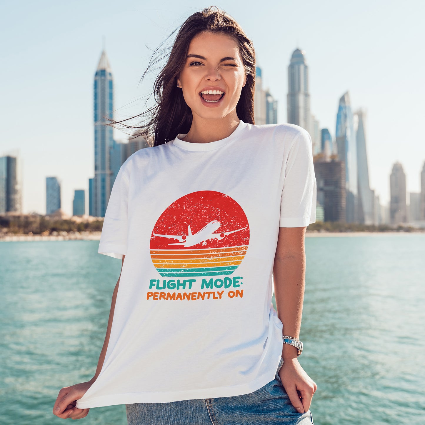 Flight Mode Permanently On T-Shirt - Funny Jet Lag Retro Sunset Tee