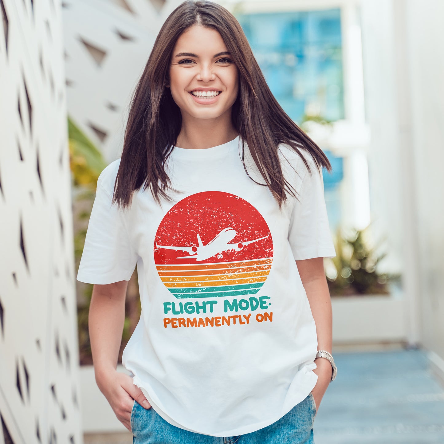 Flight Mode Permanently On T-Shirt - Funny Jet Lag Retro Sunset Tee