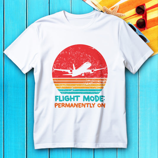 flight mode permanently on t-shirt, funny jet lag retro sunset tee with airplane silhouette