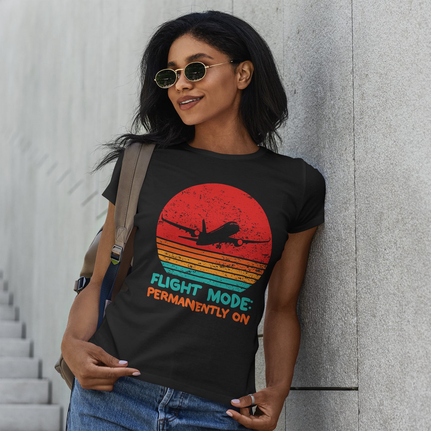 Flight Mode Permanently On T-Shirt - Funny Jet Lag Retro Sunset Tee