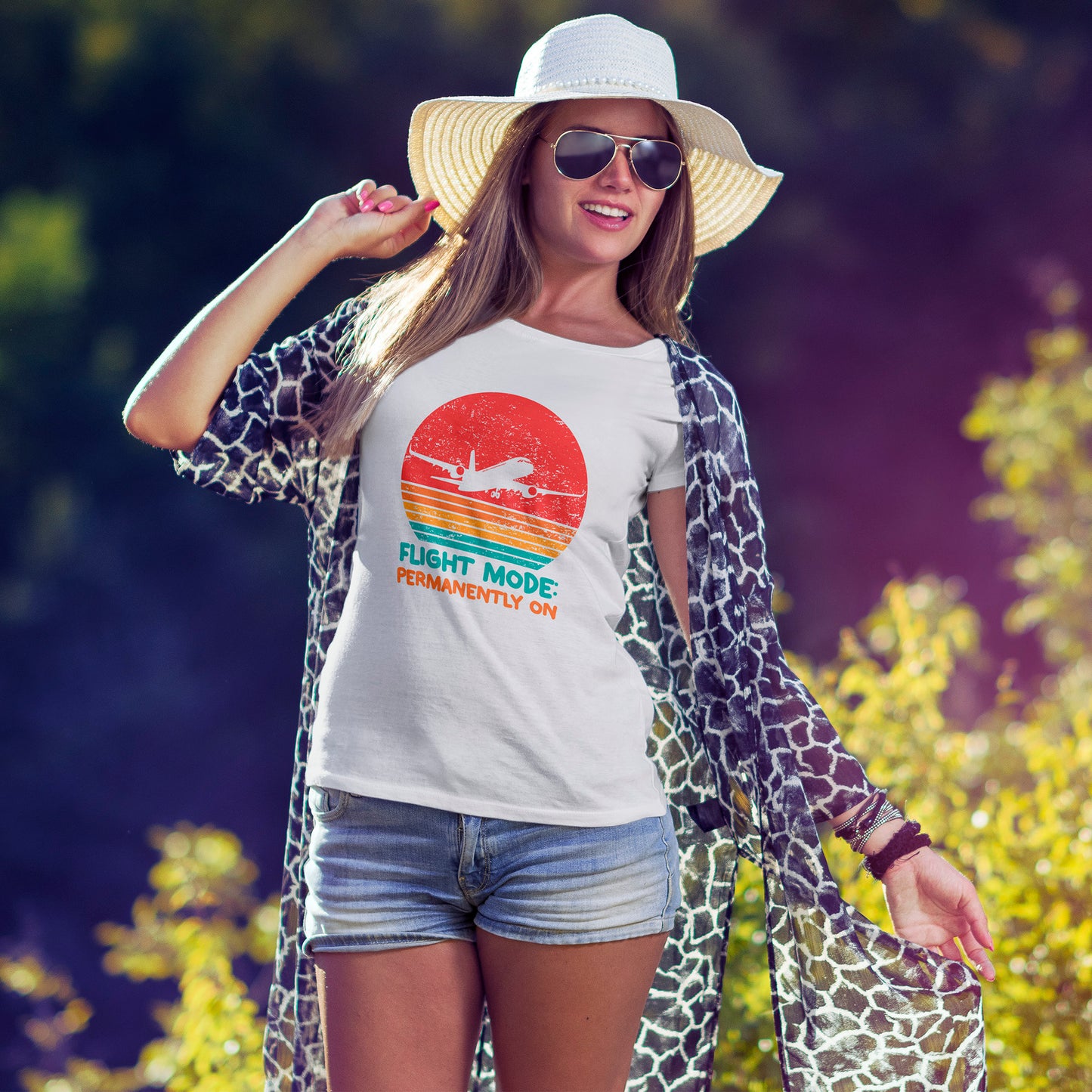Flight Mode Permanently On T-Shirt - Funny Jet Lag Retro Sunset Tee
