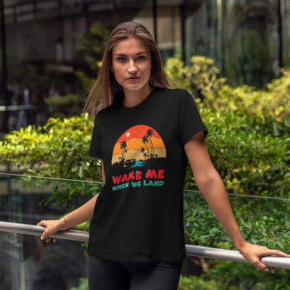 Wake Me When We Land T-Shirt - Funny Jet Lag Travel Retro Sunset Tee