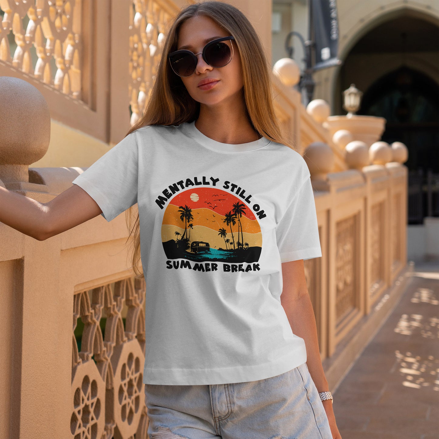 Still on Summer Break Shirt - Funny Back to School Tee, Retro Sunset Vanlife Vibes, Mentally on Vacation Graphic Tee for Students & Teachers