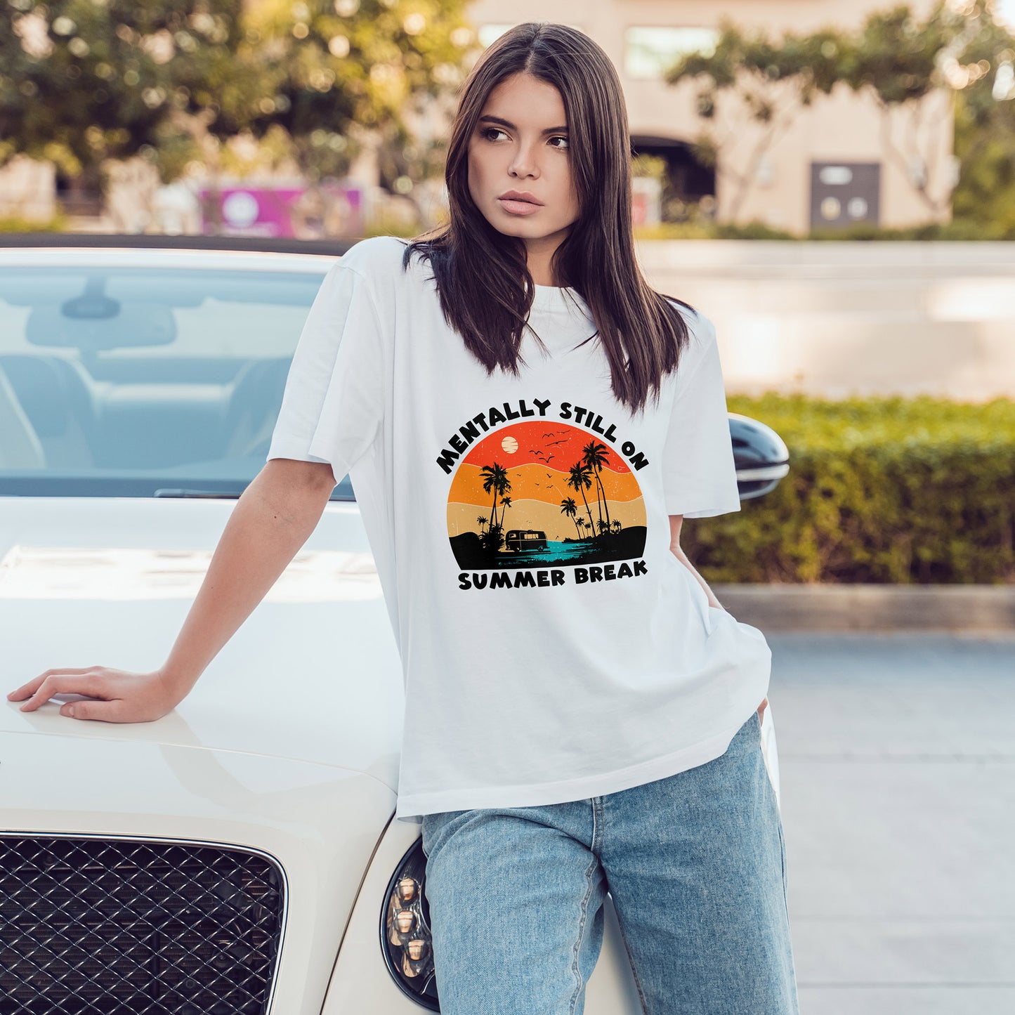 Still on Summer Break Shirt - Funny Back to School Tee, Retro Sunset Vanlife Vibes, Mentally on Vacation Graphic Tee for Students & Teachers